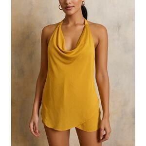 BCBGMaxazria Kira Cowlneck halter top mustard yellow NEW MSRP $138 SZ LG